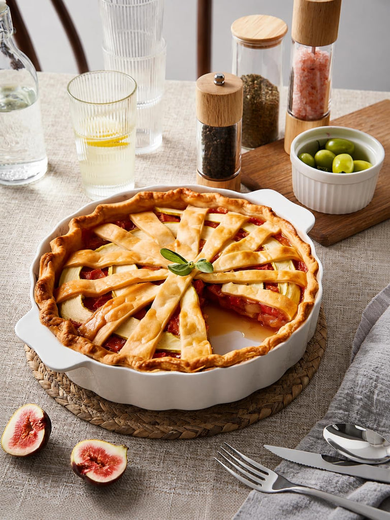 Ceramic Pie Pan, 13 Inch Round Baking Dish with Handles, White