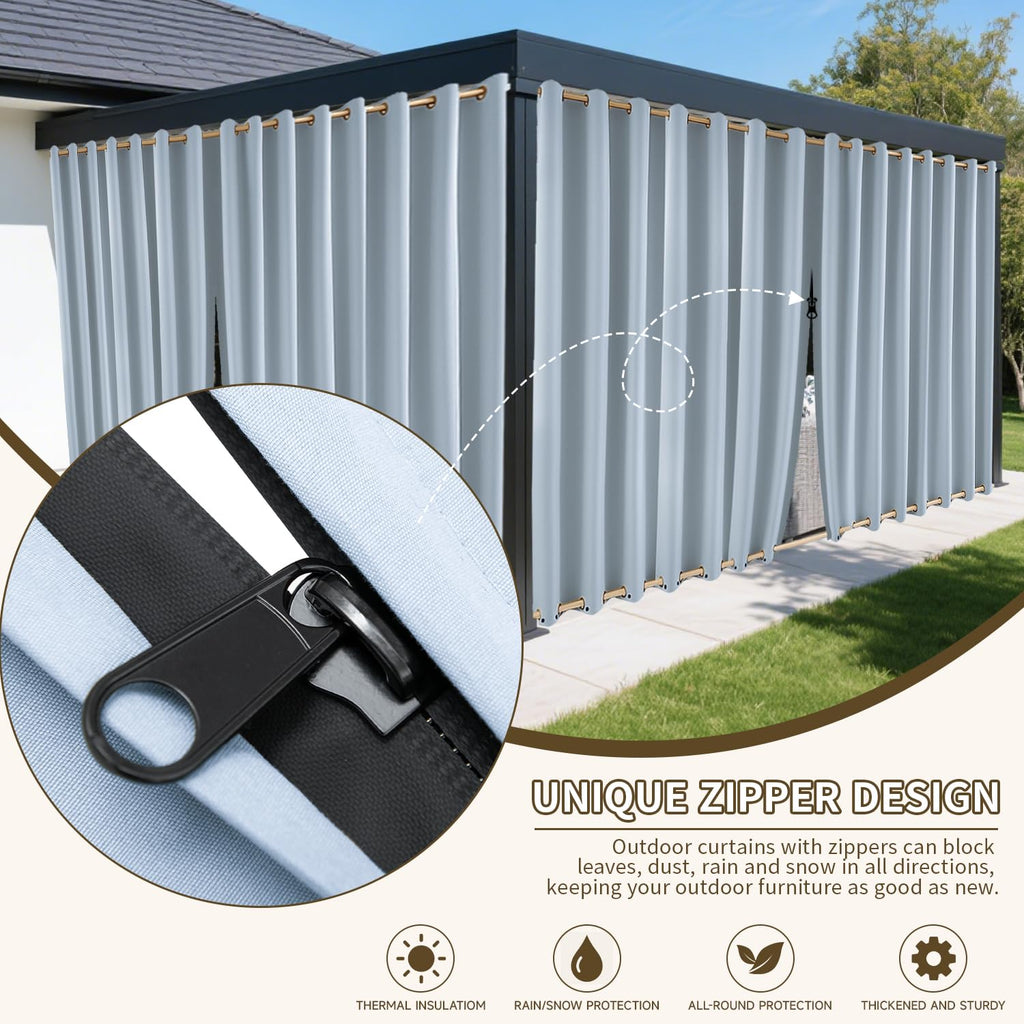 Outdoor Curtains Waterproof, Zipper Design 2 Panels Privacy Weatherproof Blackout Curtain Top & Bottom Grommet