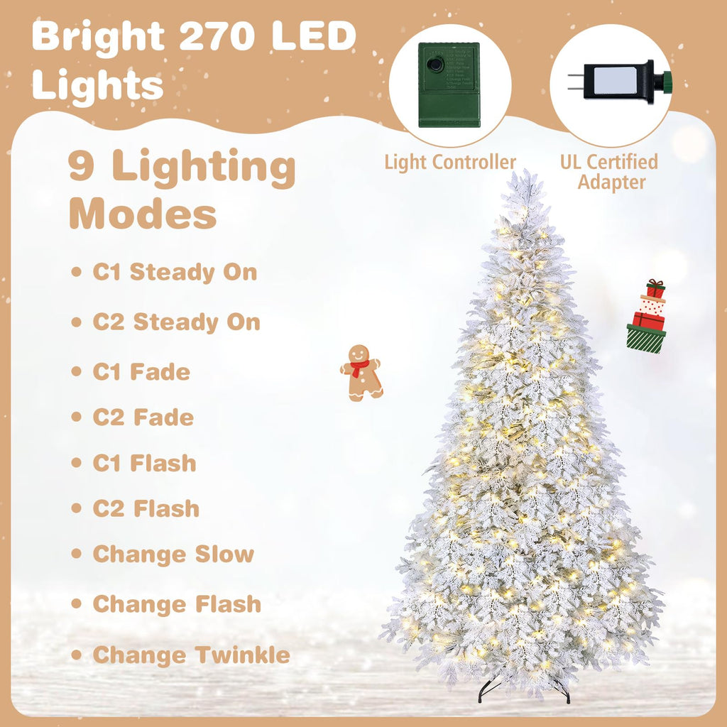 7FT Pre-lit Christmas Tree, Snow Flocked Artificial Christmas Tree