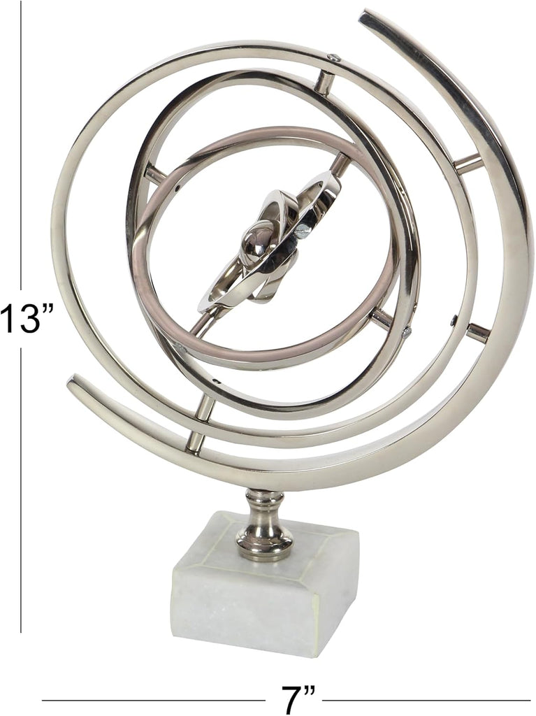 Aluminum Armillary Globe with Marble Base, 10" x 7" x 13", Silver