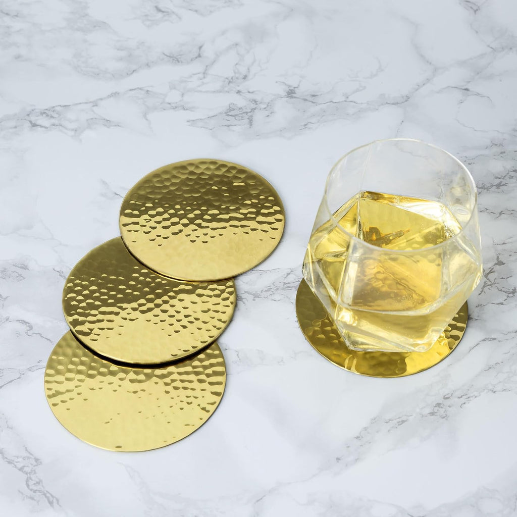 Hammered Brass Coasters, Round Coasters, Brass with Velvet Backing, Protect Tables and Surfaces, Gold - Set of 4
