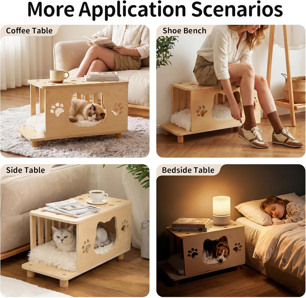 4-in-1 Wooden Cat Beds for Indoor Cats, Breathable Cat Cave with Washable Cushion Cat House