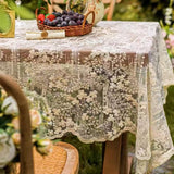 French Embroidery Lace Tablecloth - Rectangular for Coffee Tables, Vintage Beige Lace Table Cover, P