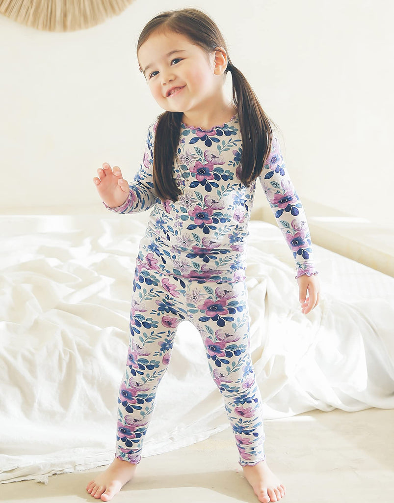 Infant Toddler Kids Modal Pajamas Pjs 2pcs Set Shirring Purple Flower M