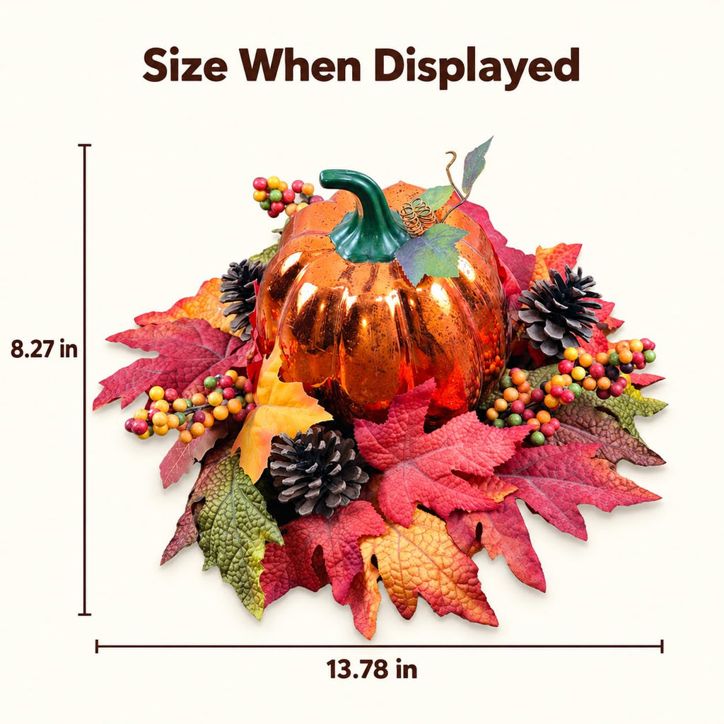 Lighted Pumpkin Fall Decor - LED Thanksgiving Decoration with Faux Maple Leaves, Berries, and Pinecones, Autumn