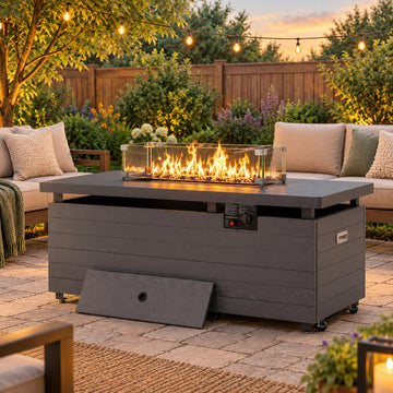 Outdoor Propane Fire Pit Table, 50000 BTU Rectangular Propane Fire Table with Glass Wind Guard, Sliding Tank Holder