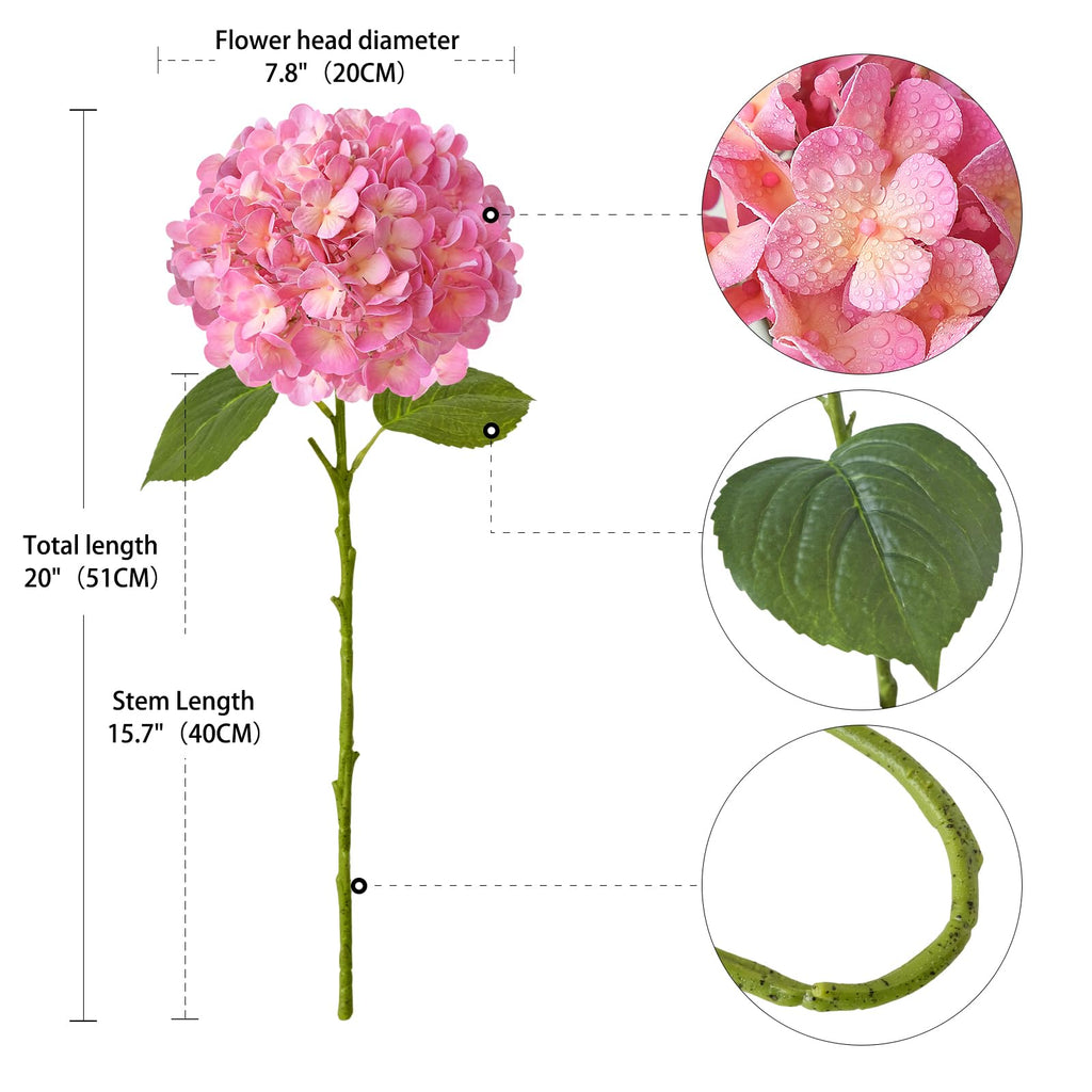 4PCS 20'' Bright Pink Real Touch Hydrangeas Latex Artificial Flowers for Baby Shower Birtiyday Wedding Pink Partry