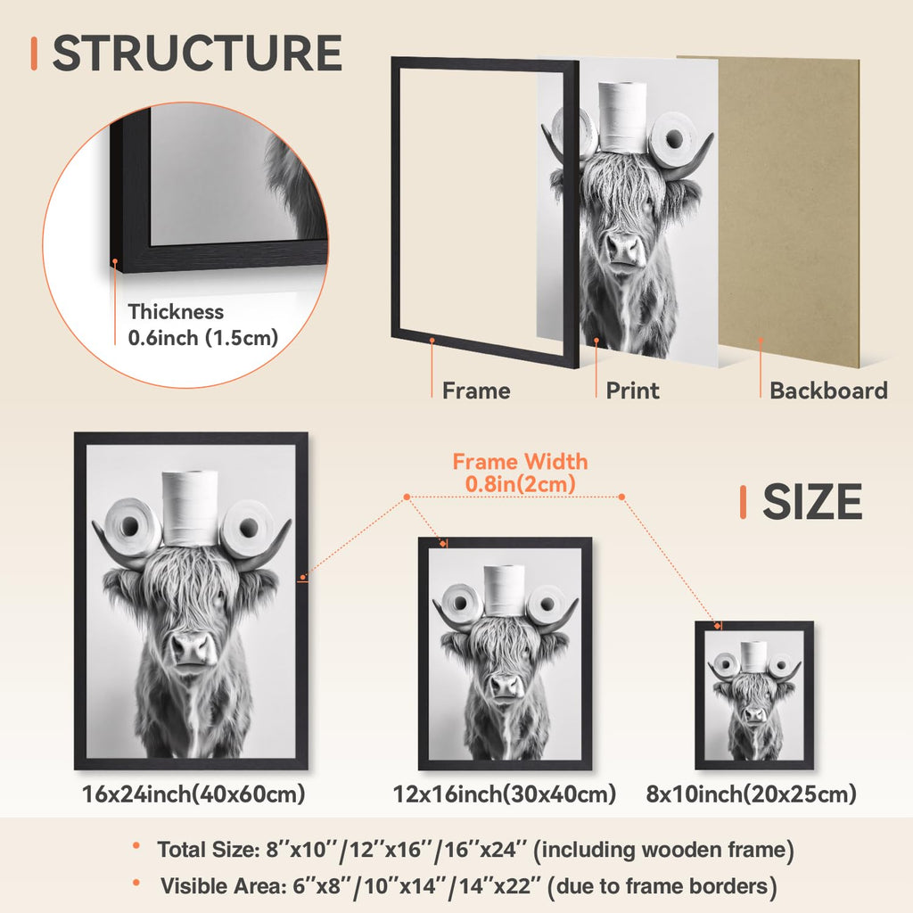 Wood Framed Black White Highland Cow Bathroom Wall Art 16x24 in