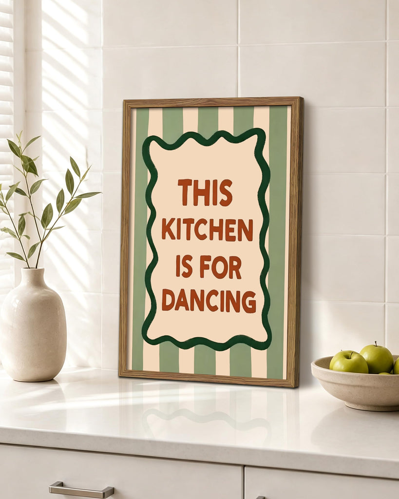 Framed This Kitchen Is for Dancing Wall Art, Kitchen Quote Canvas Print Poster, Vintage Farmhouse Typography Kitchen