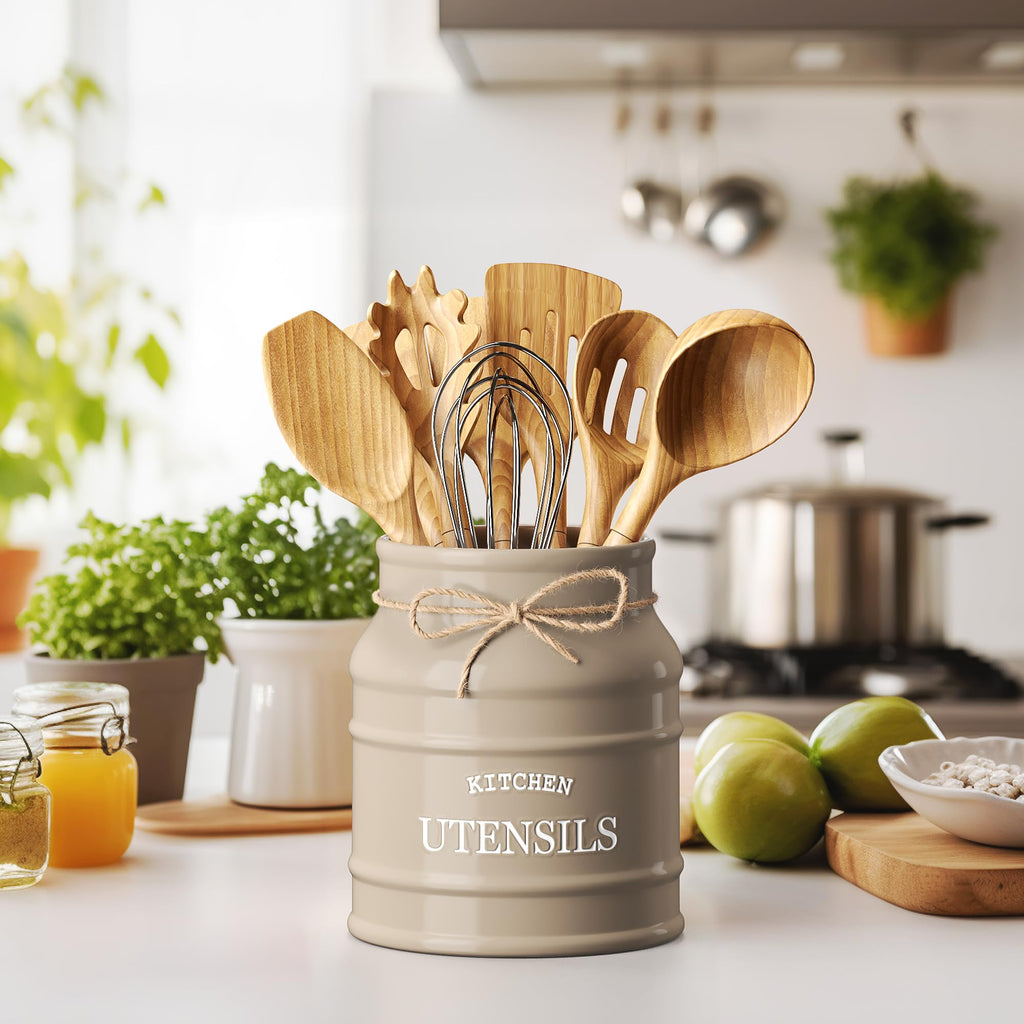 Ceramic Kitchen Utensil Holder Countertop 6.75′′ (Taupe)