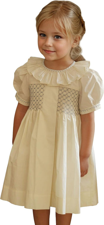 Toddler Girls Smocked Dress with Puff Sleeve Vintage Cotton Dress