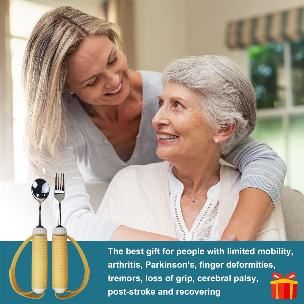 Adaptive Utensils Spoons Forks Set Weighted, Non-Slip Handles & rubber strap, for Hand Tremors & Muscle Weakness