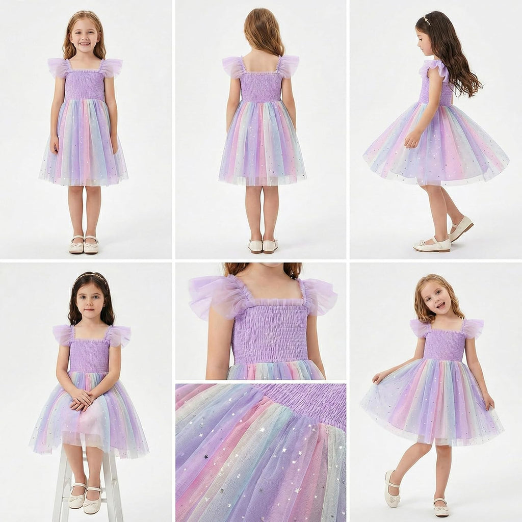 Girl Tulle Dress Girls Tutu Ruffle Party Dresses Summer Rainbow Floral Fashion Casual 2