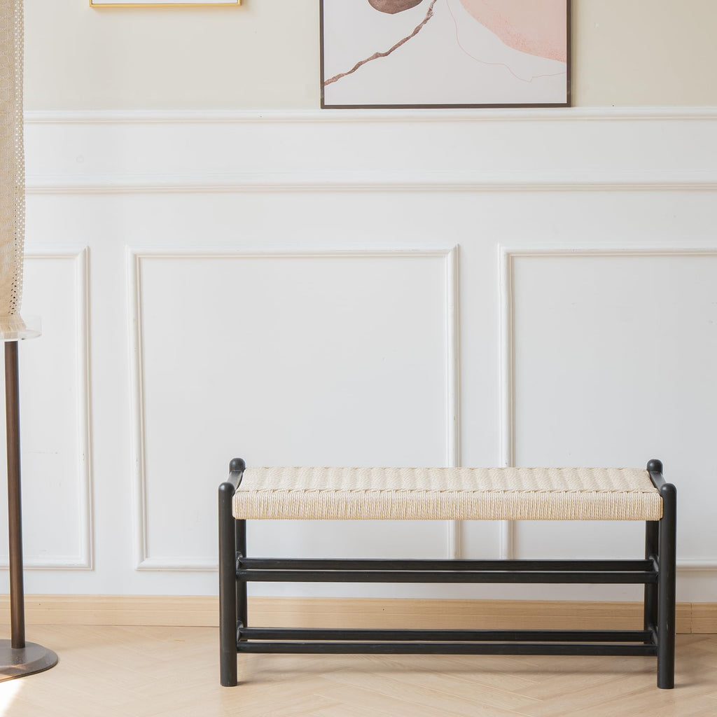 Solid Wood Entryway Bench with Shoe Storage, Rustic Oak Wood and Woven Design 31.5 Inch Long Seating for Living and