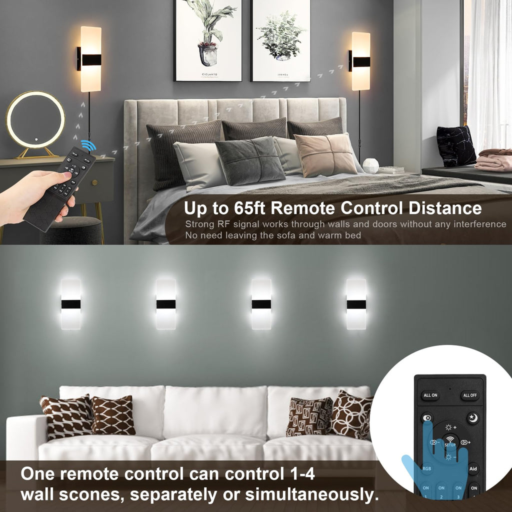 Plug in Wall Sconces with Adjustable 3000K-6500K Colors & 10%-100% Brightness, Wall Sconces Set of Two with Remote