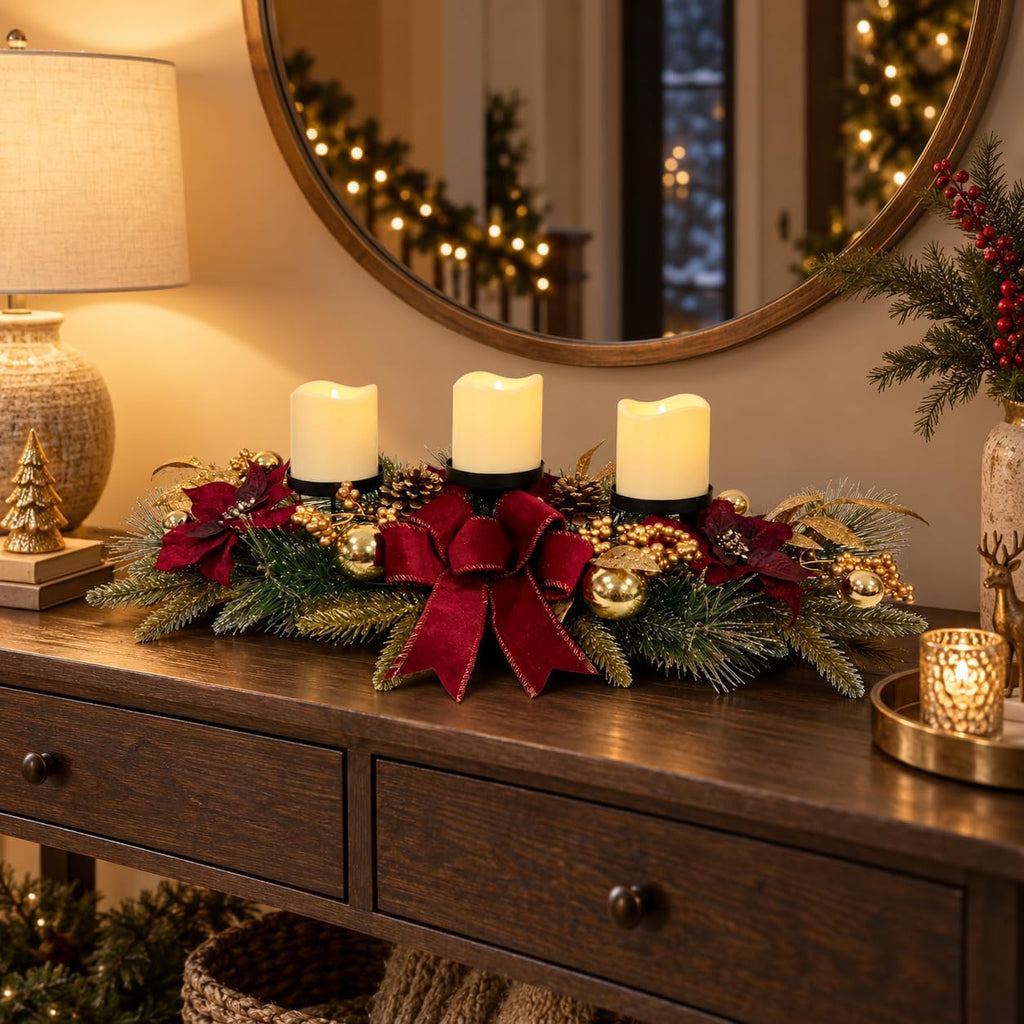 Christmas Candle Holder Centerpiece with Poinsettias and Berries