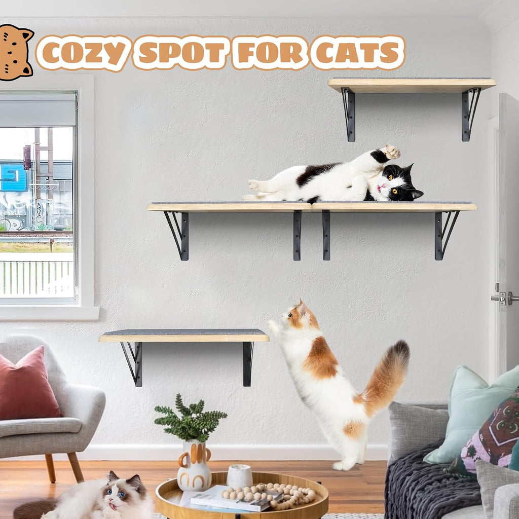 Burlywood Cat Shelves: Set of 4 Wood Cat Furniture Indoors - Climbing Shelf with Wall Mounted Scratching Pad &