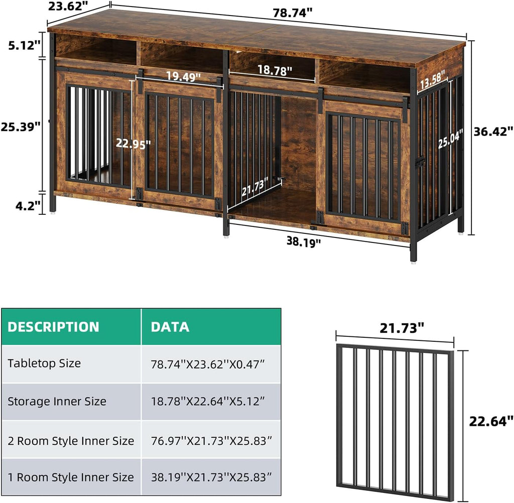78.7" Dog Crate Furniture with Removable Divider and Drawers