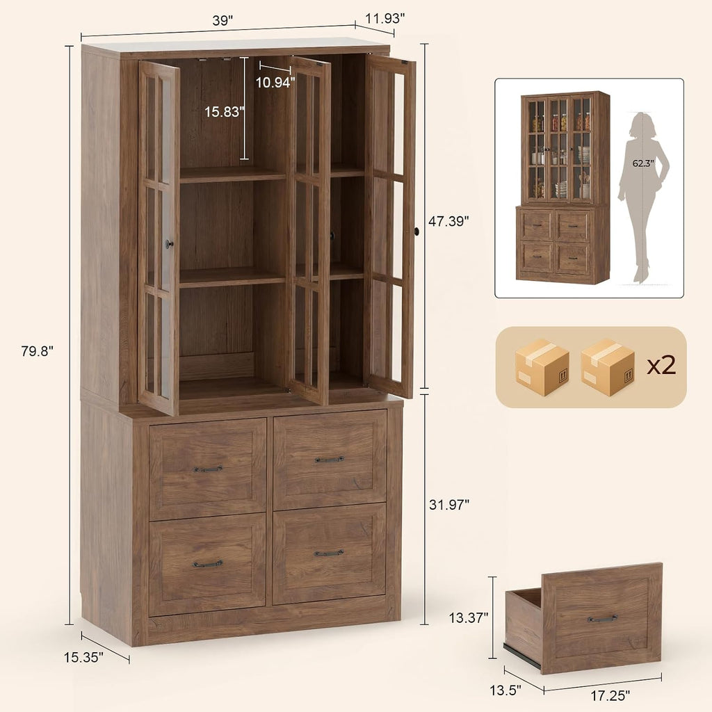 80" Tall Storage Cabinet with Glass Doors, 2-in-1 Modular Bookcase Cabinet, Freestanding Kitchen Pantry Storage
