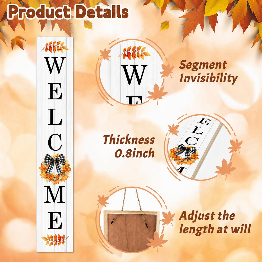 Fall Wreath Welcome Porch Sign, Buffalo Plaid Bow Signs for Front Porch, Fall Leaves Door Sign Yard, Pumpkins