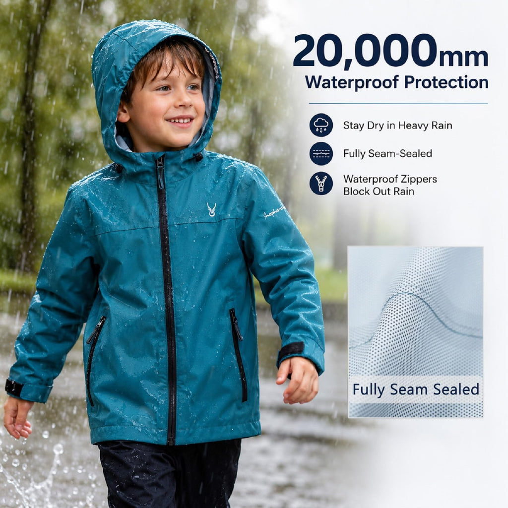 Kids Rain Jacket 20000mm Waterproof Boys Girls Packable Hooded