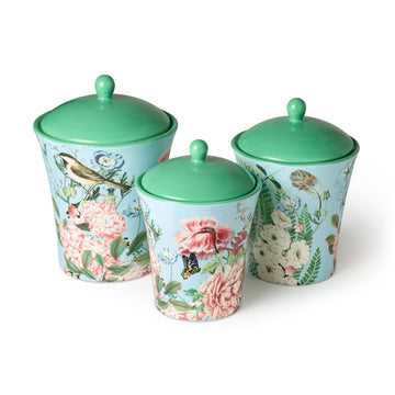Flora Ceramic Canister Set - 3-Piece Airtight Storage Jars with Pastel Floral, Butterfly, and Dragonfly Designs