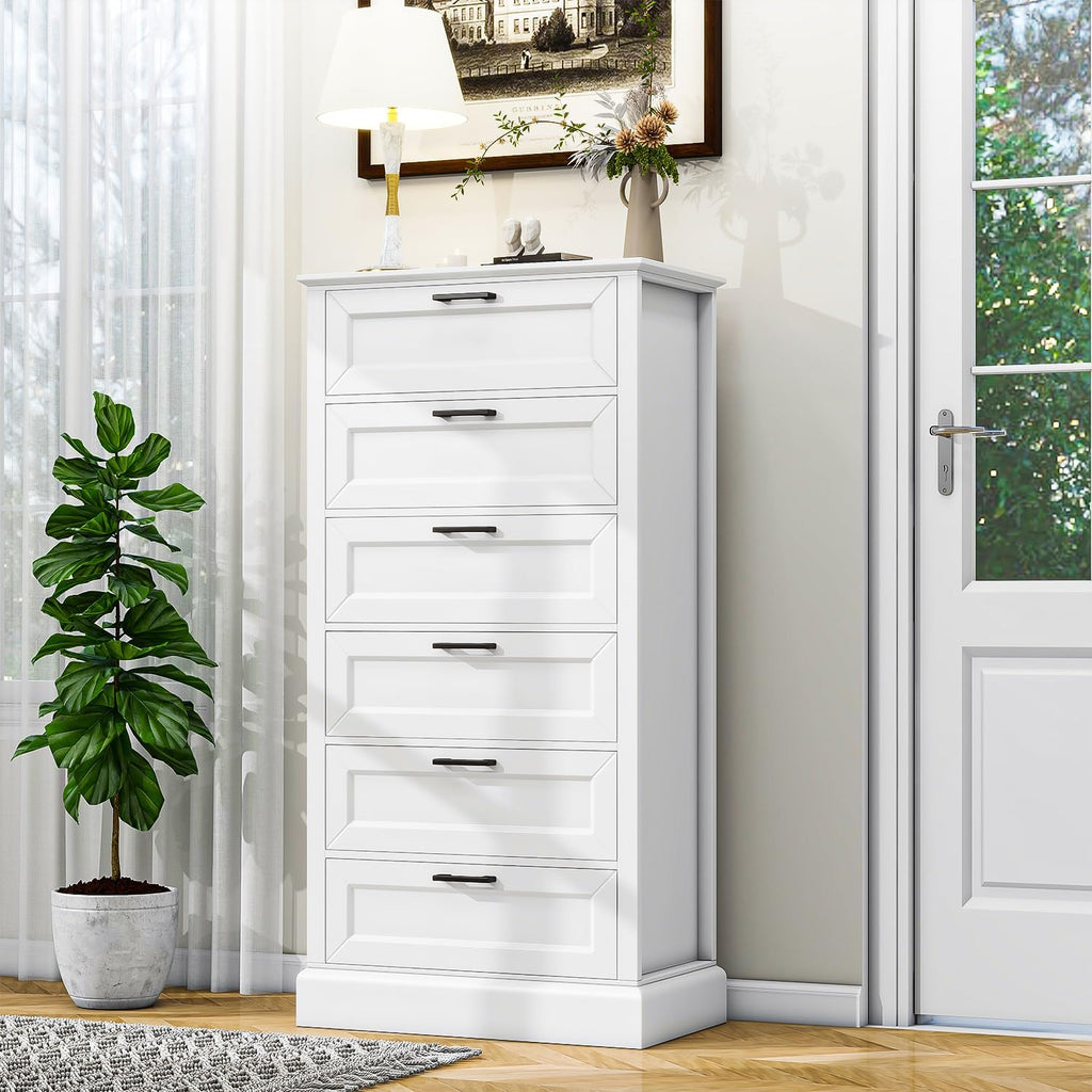 Tall White 6 Drawer Dresser, Wood Vertical Chest of Drawers , 55" H Modern Lingerie Dressers for Closet, Living Room