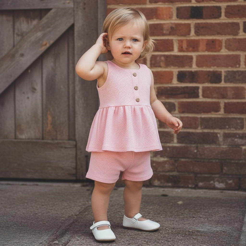 Toddler Baby Girl Summer Outfits Solid Color Waffle Sleeveless Ruffle Tank Tops Shorts Set Cute Infant Clothes