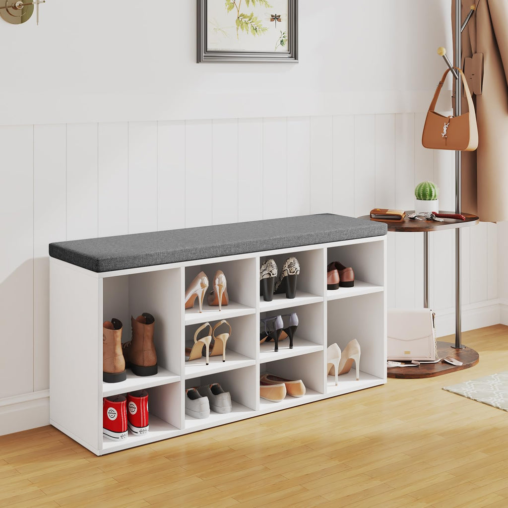 3-Tier Shoe Bench with Cushion | White/Grey | 10 Compartments