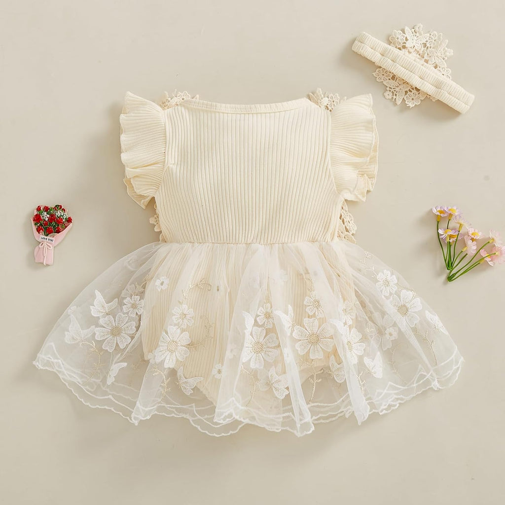Baby Girl Romper Dress Baby Dress Romper Flowers Lace Infant Girl Spring Summer Clothes with Headband