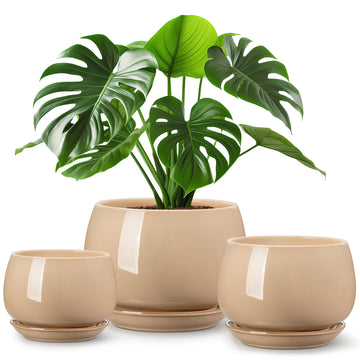 3-Pack Ceramic Plant Pots, 7.3/9.6/11.6 Inch Indoor Planters with Saucers & Drainage Hole Planter pots for Indoor