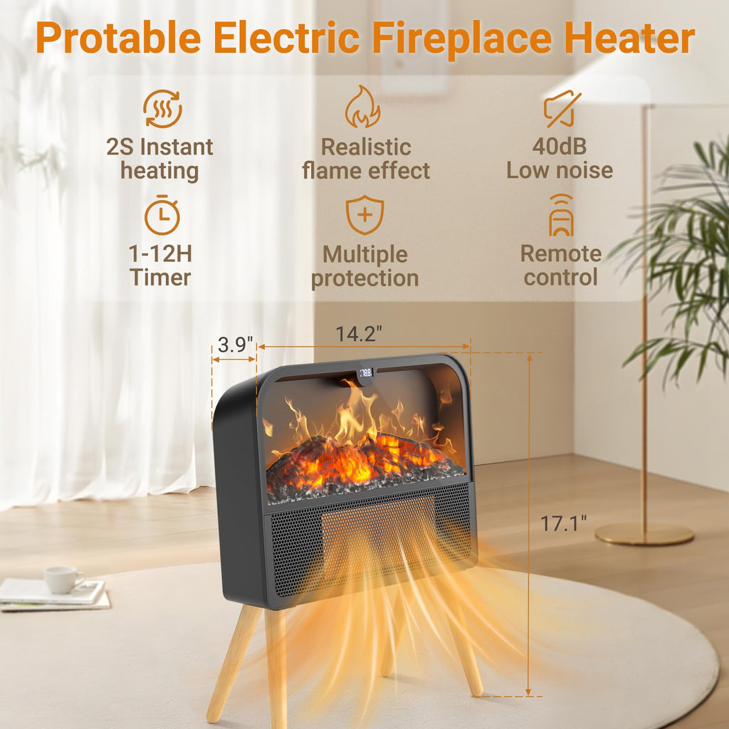 Electric Fireplace Heater, Ultra-Thin Electric Fireplace Stove with Realistic Flame & Solid Wood Stand, 17" Portable