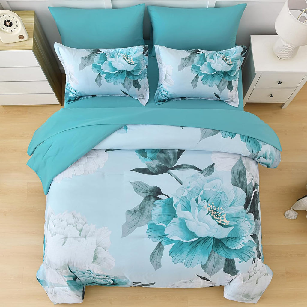 Dobuyly Floral Comforter Set Full 7 Piece Bed in a Bag, Aqua Flowers Printed on Light Blue Comforter Set with Sheets
