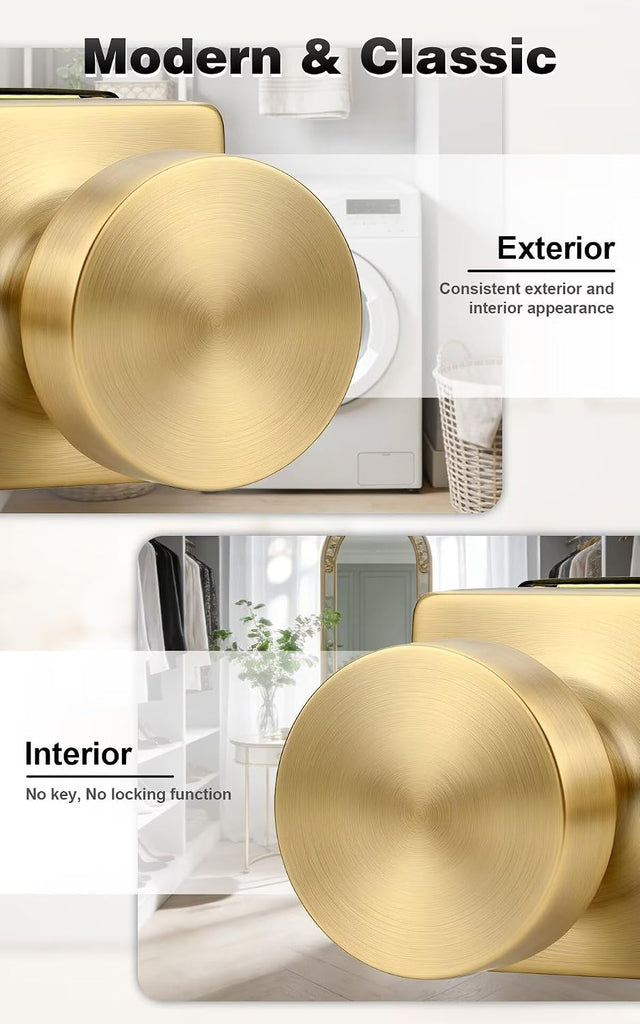 Passage Door Knobs Interior 6 Pack, Champagne Bronze Door Knob Without Lock Inside, Closet & Hallway Classic Round
