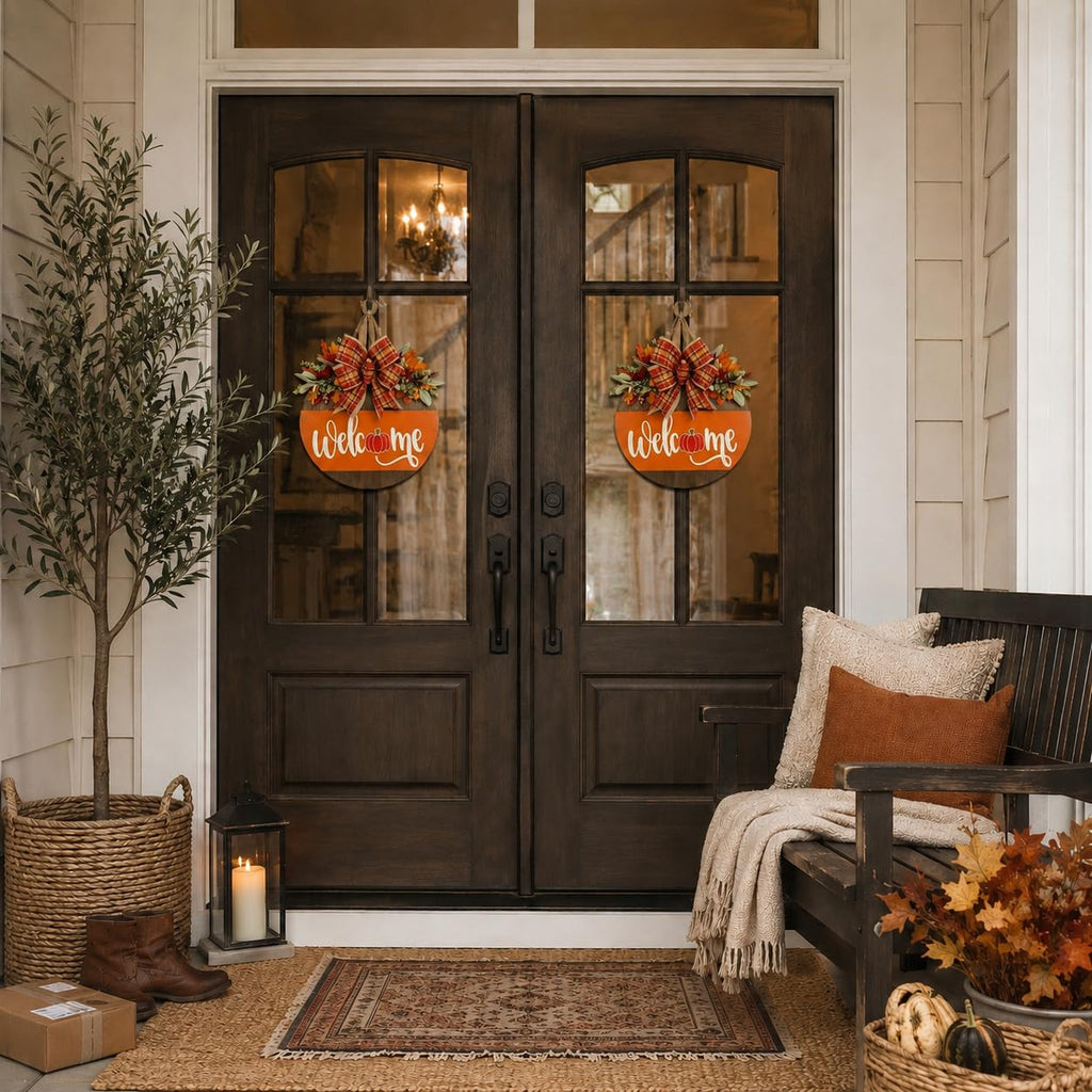 Fall Door Sign for Front Door, Wooden Welcome Hanger with Pumpkin Design, Plaid Bow and Autumn Leaves, Porch Entry