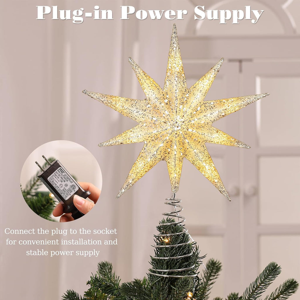 Christmas Tree Topper Star, 13inch 10-Point Light Up Xmas Star Treetop with Plug and Remote Control Christmas
