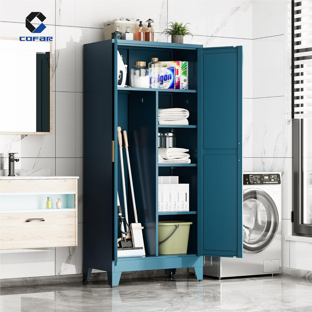 71'' Tall Wardrobe Closet with Doors, Metal Bedroom Armoire with Adjustable Hanging Rod and Shelves, Farmhouse Broom