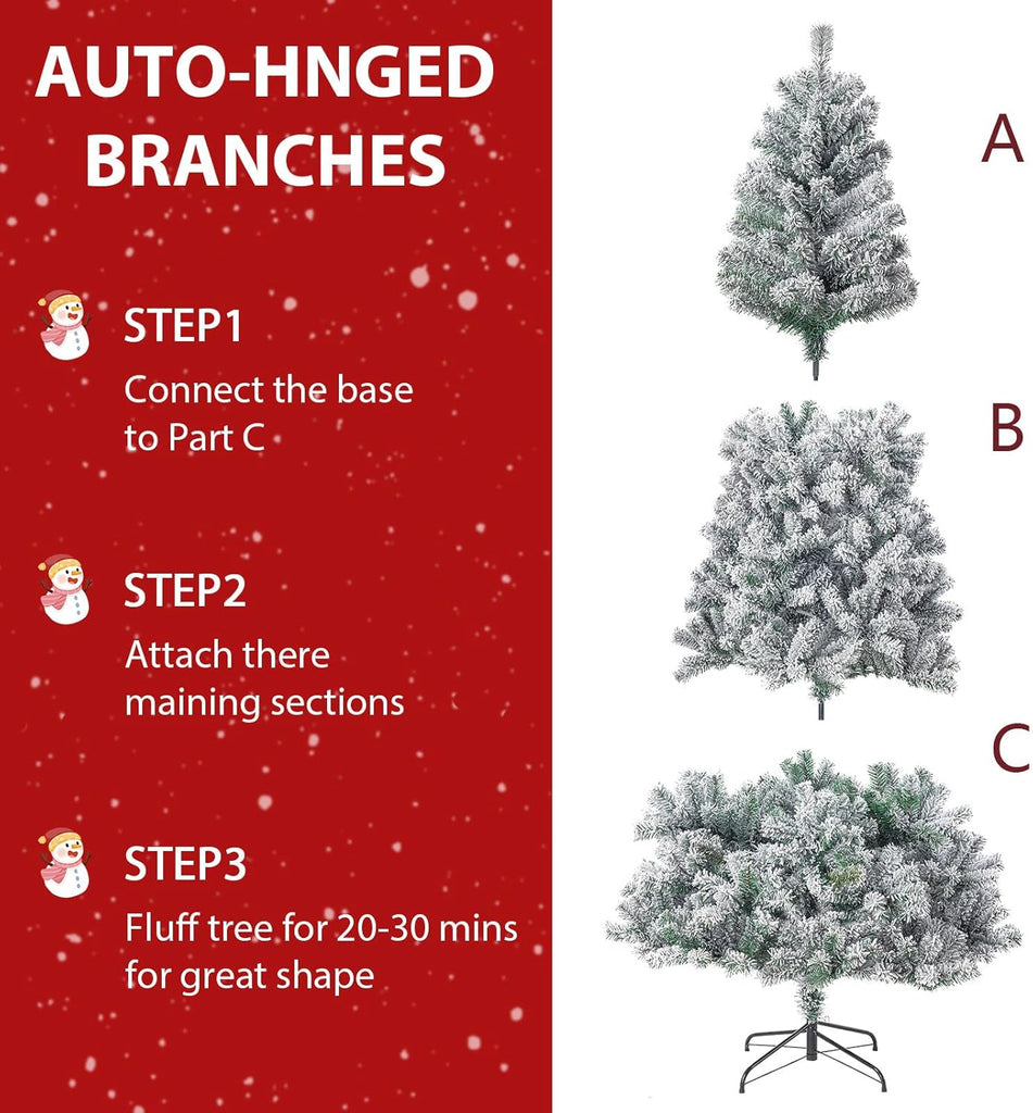 7FT Pre-Lit Artificial Christmas Tree, Hinged Snow Flocked Xmas Tree with 1200 Realistic Branch Tips, Premium Metal