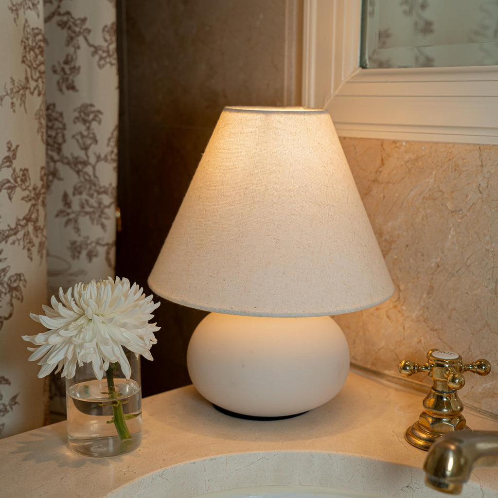 11" Small Table Lamp - Handmade Round Ceramic Cream Base with Off-White Fabric Shade, Dimmable Plug-in Nightstand or