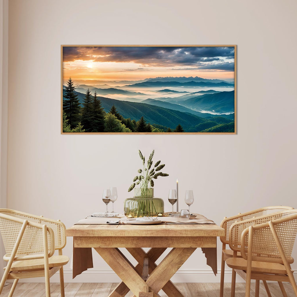 Large Nature Mountain Sunrise Framed Canvas Wall Art, Modern Misty Tree Wall Decor, Boho Forest Green Landscape