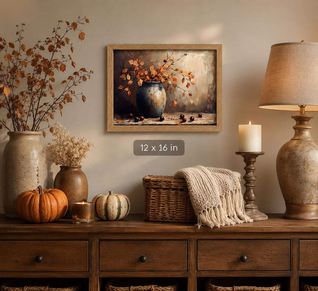 Framed Vintage Autumn Leaf Vase Wall Art, Rustic Still Life Painting Picture Wall Decor, Fall Thanksgiving Botanical