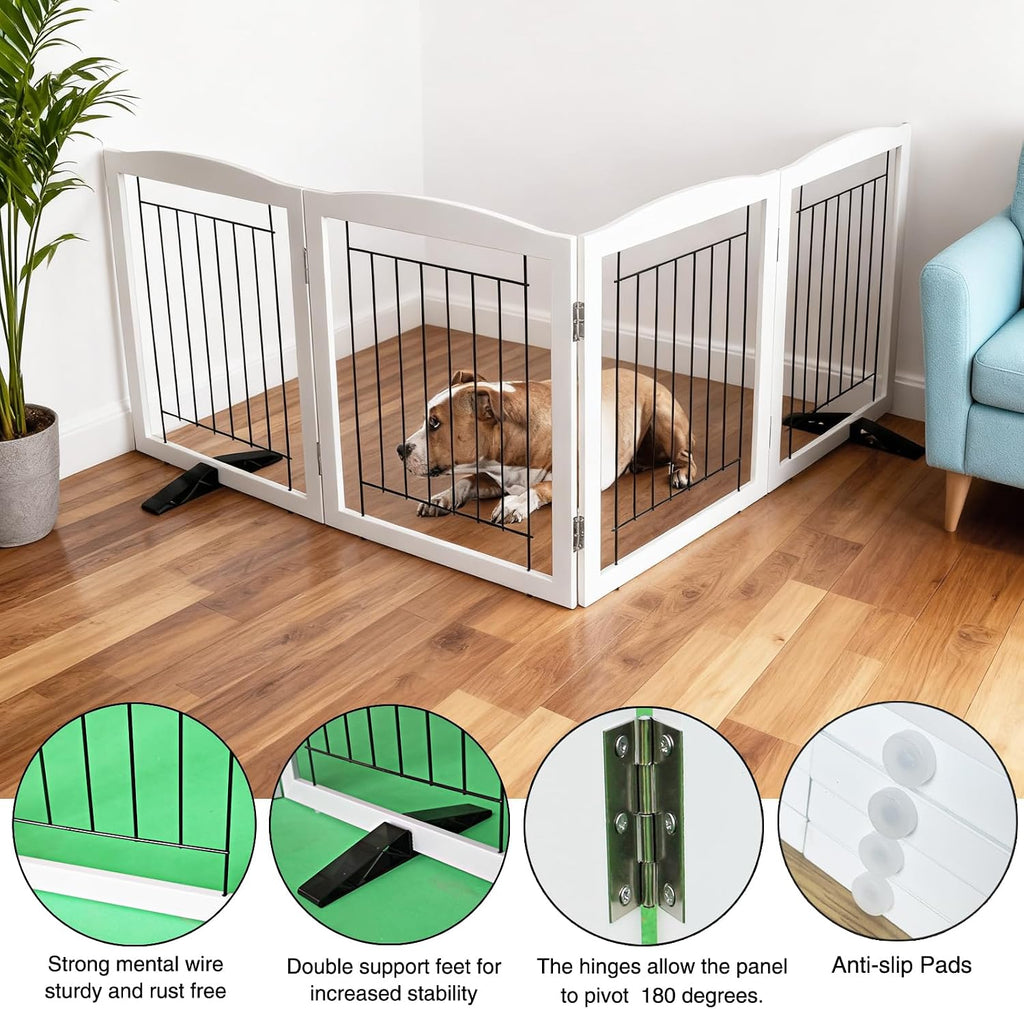 Freestanding Dog Fence Indoor, Foldable Dog Gate for Doorways, Stairs or Hallways, Sturdy Wood Extra Wide Pet Gate