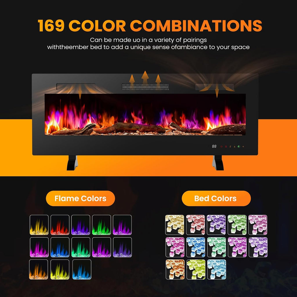 Electric Fireplace 50 Inch, Recessed Wall Mounted and Free Standing Fireplace Heater with Remote Control