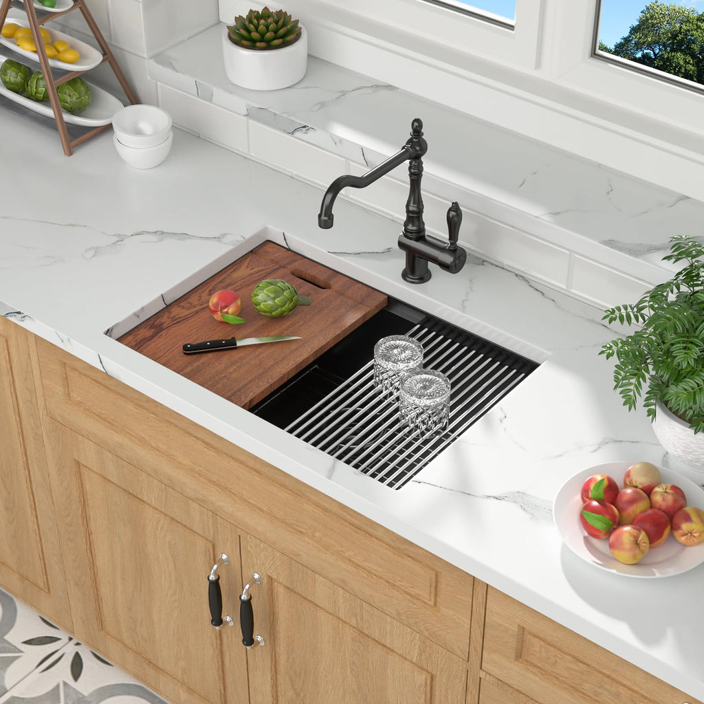 27x19 Inch Black Undermount Single Bowl - Undermount Workstation Gunmetal Black 16 Gauge Stainless Steel Handmade
