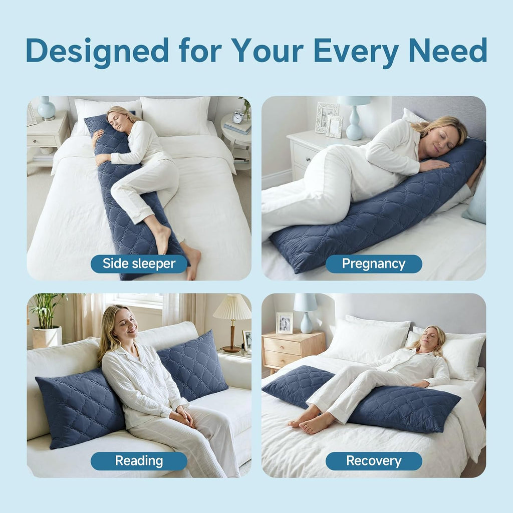 Cooling Body Pillow, Memory Foam Filled, Navy Blue, 20x54 Inches | Soft & Cool-Touch Quilted Nylon-Spandex Cover