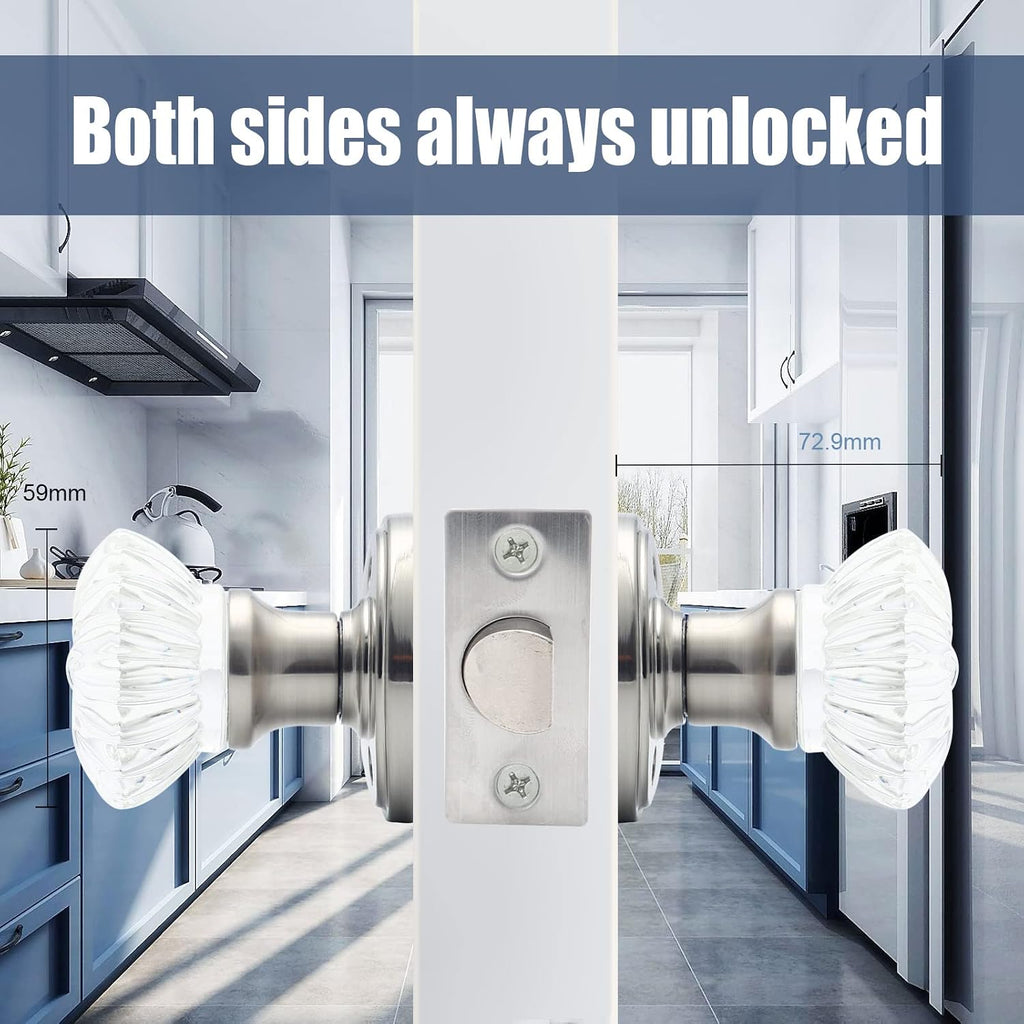Crystal Door Knobs 2 Pack Glass Doorknobs for Bed Bath Clear Glass Privacy Interior Door Locks Handles (Satin Nickel