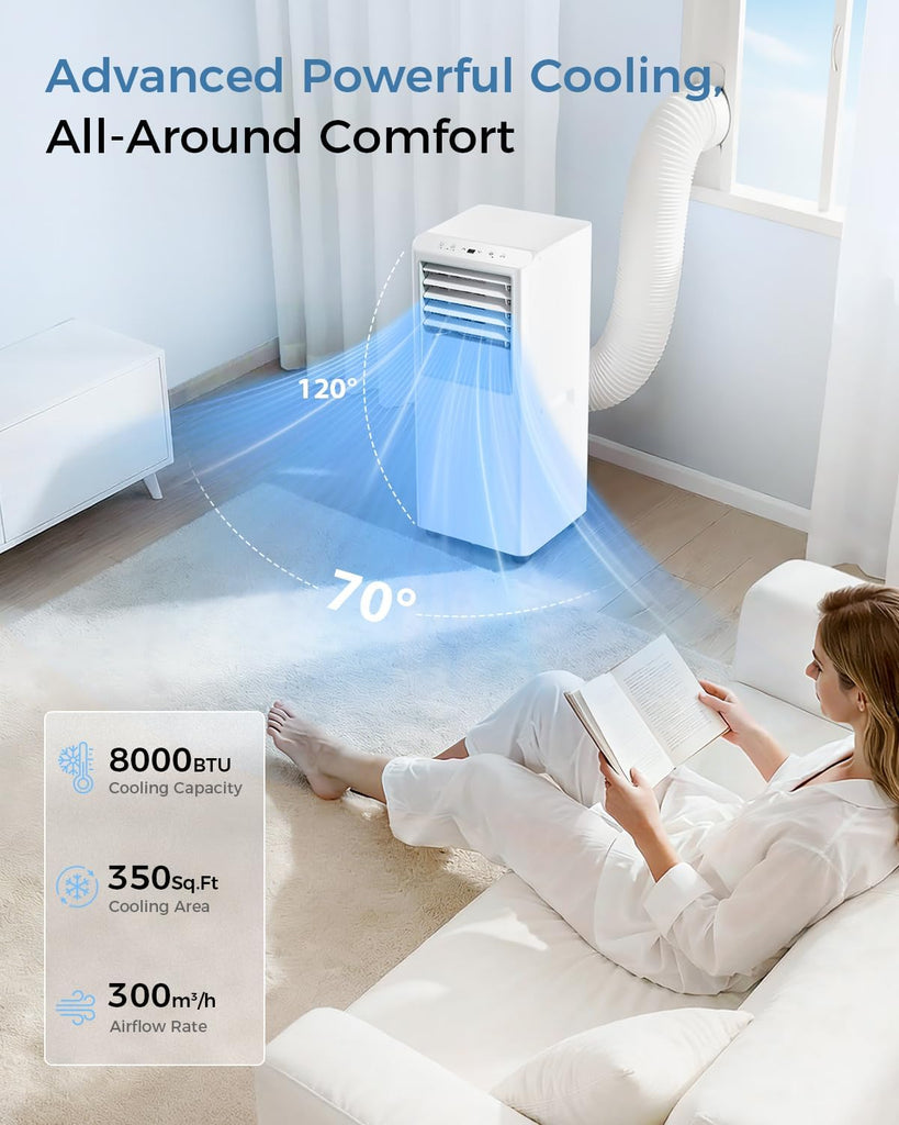 8000 BTU Portable Air Conditioner, 5-in-1 Cools 350 Sq.Ft, Quiet AC Unit with Fan & Dehumidifier, LED Display, Remote