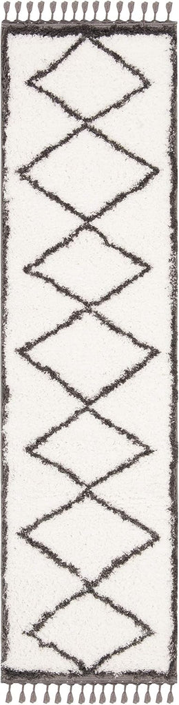 Carmella Shag Collection Runner Rug - 2'2" x 8', Cream & Grey, Moroccan Tassel Design, Non-Shedding & Easy Care