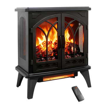 24" Electric Fireplace Heater, 1500W Freestanding Fireplace Stove w/Realistic Flame, Adjustable Thermostat & Timer