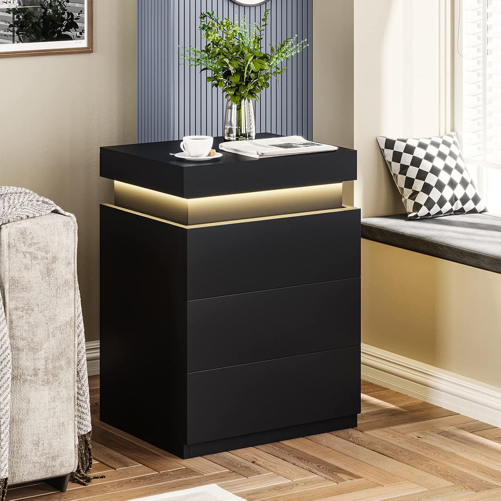 Black Nightstand with Charging Station and LED Lights | Modern Night Stand with Sliding Top,Bedside Table with